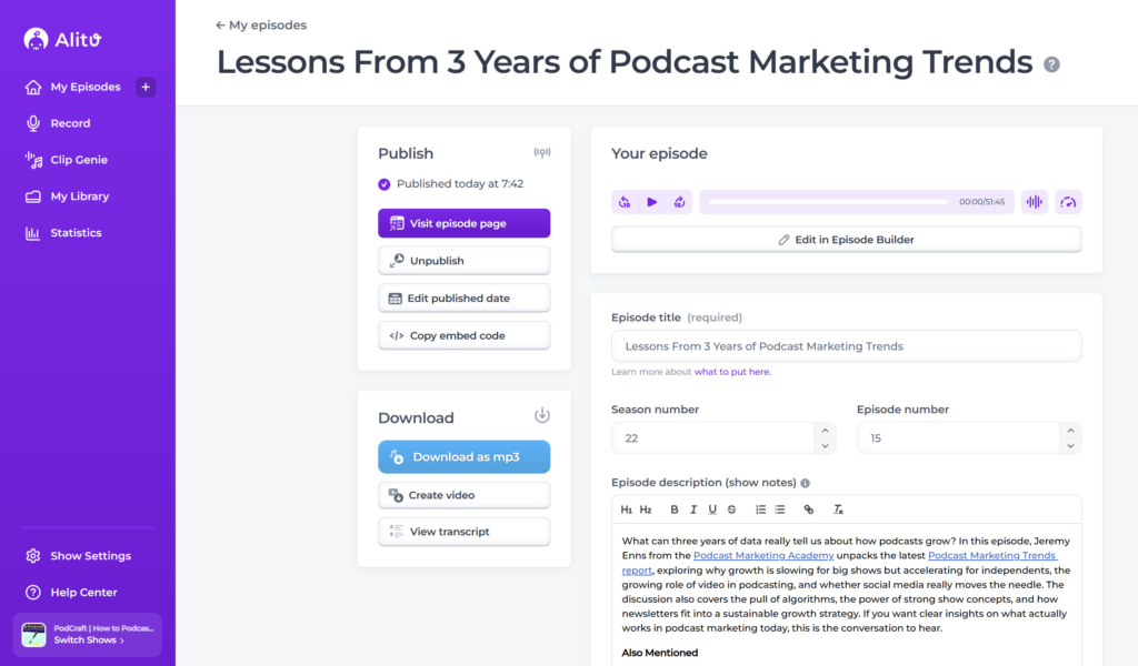 alitu's podcast publishing page