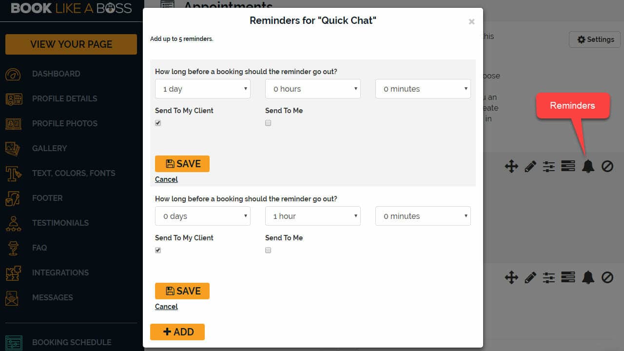 Email reminders in Book like a boss