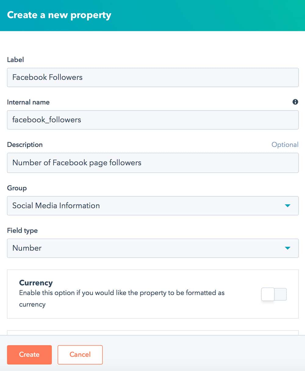 Creating properties in the HubSpot system for collecting a social media information about a podcast guest