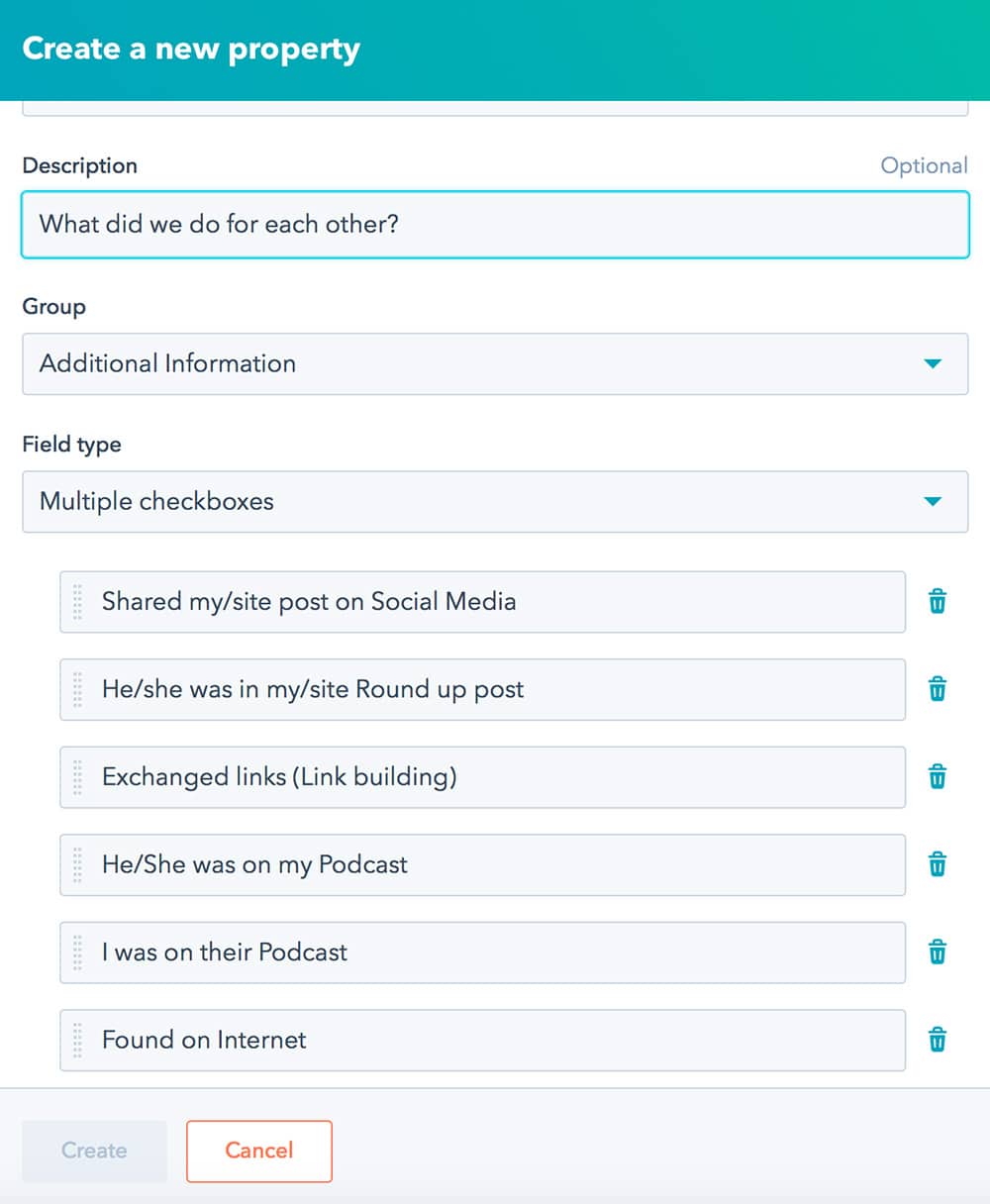 Creating properties in the HubSpot system for collecting an information about a podcast guest