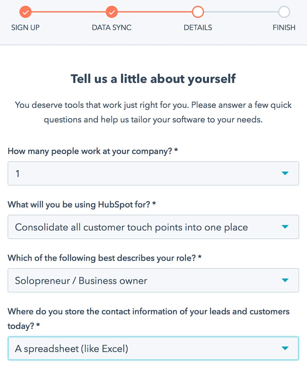 Complete all the steps to start using HubSpot