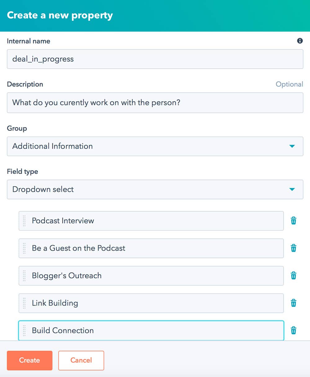 Creating properties in the HubSpot system for collecting an information about a podcast guest