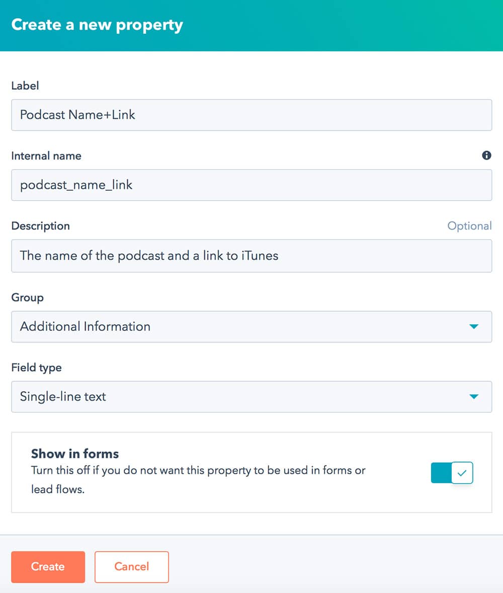 Creating properties in the HubSpot system for collecting an information about a podcast guest