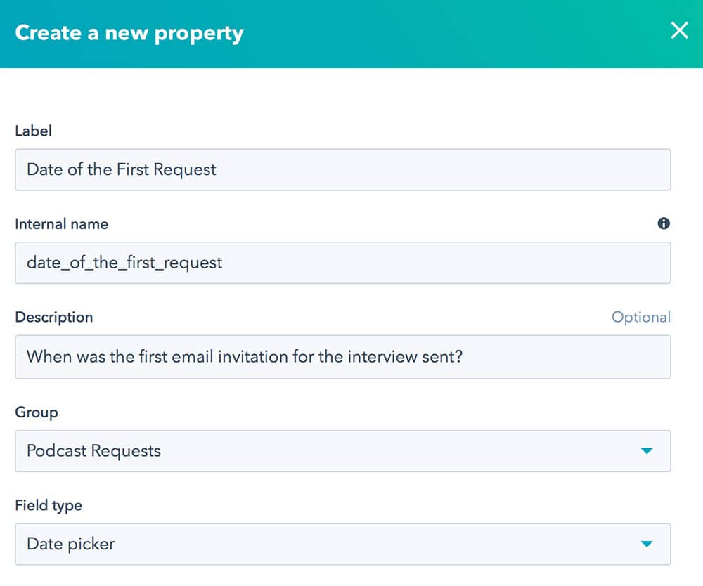 Creating properties in the HubSpot system for collecting an information about a podcast guest