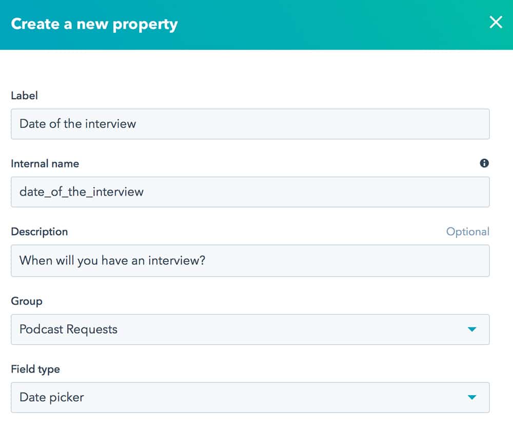 Creating properties in the HubSpot system for collecting an information about a podcast guest