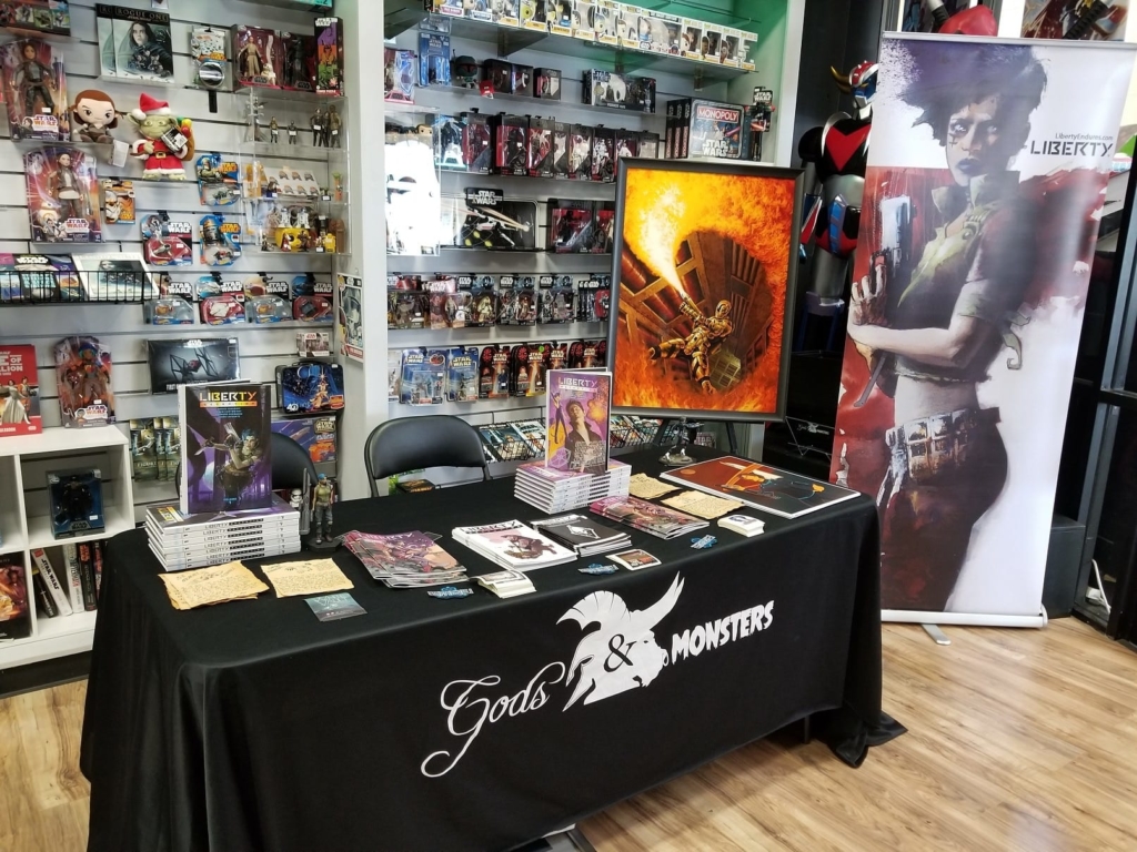 Travis Vengroff's booth setup to promote Fool & Scholar's Liberty podcast.
