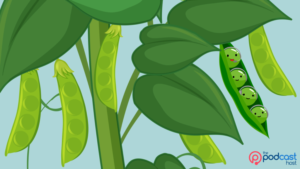 A podcasting pea and some listening peas nestled in a pea pod, like files attached to an enclosure. 