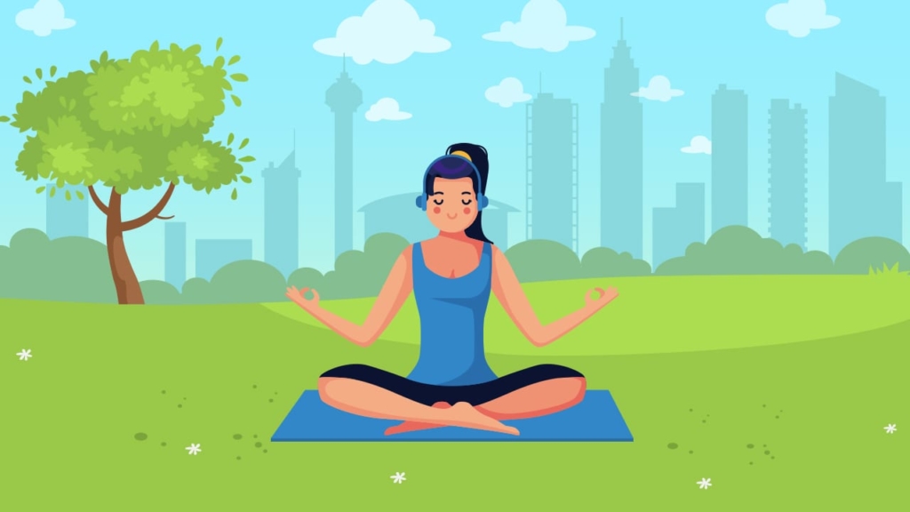 podcaster doing yoga in the park