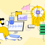 man staring at computer with algorithmic data sprawling out of it