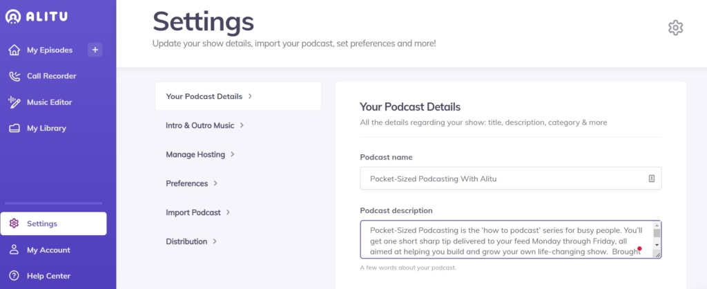 Writing a podcast description in Alitu