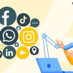 podcaster surrounded with social media icons