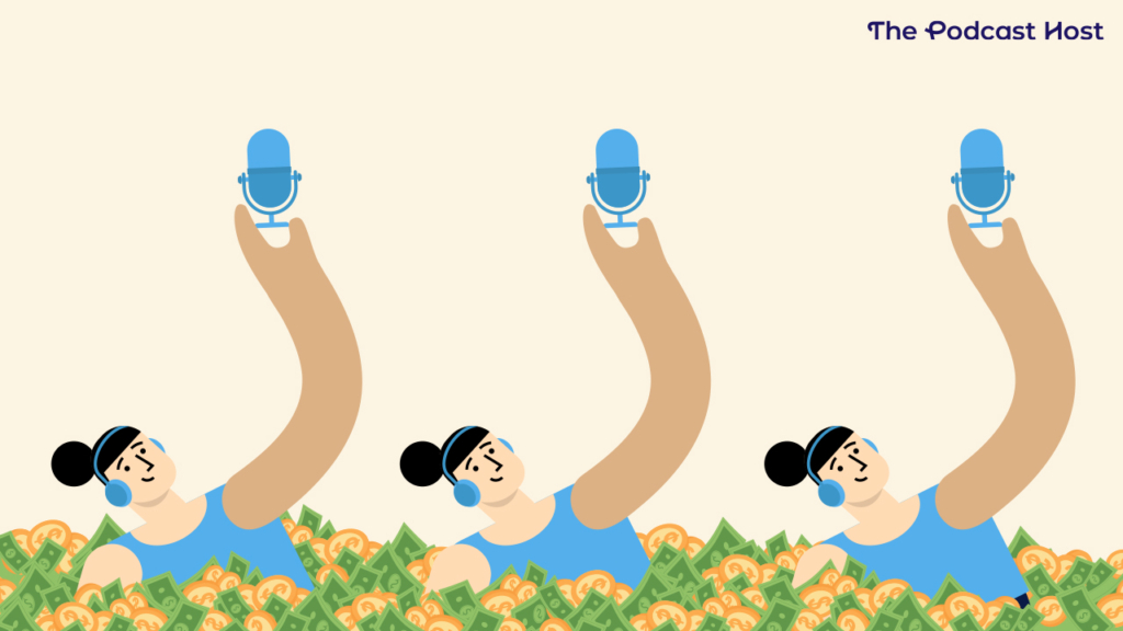 Podcasters perform synchronized swimming in a pool of money.