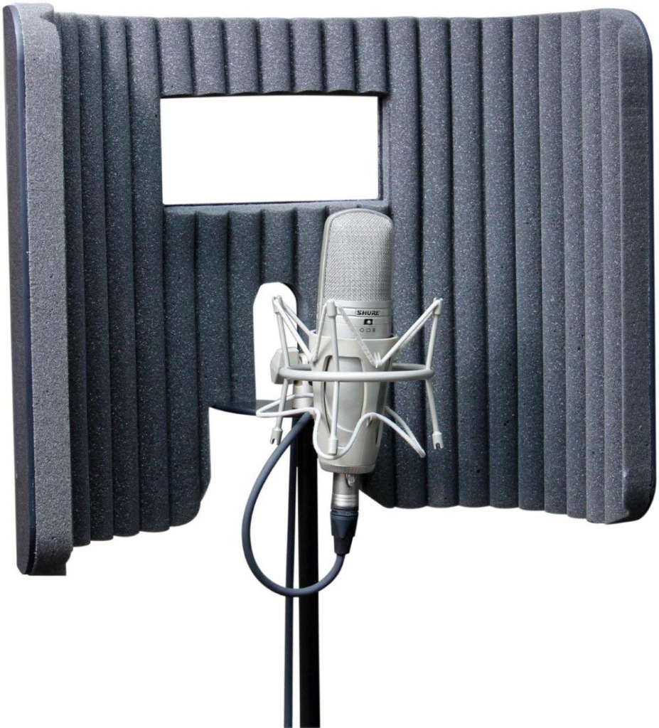 A gray and black plastic shell with a foam lining what wraps around a mic stand. It has a small window at center.