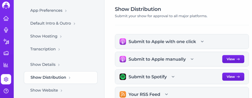 An example of 'one-click' Apple Podcasts' submission in Alitu
