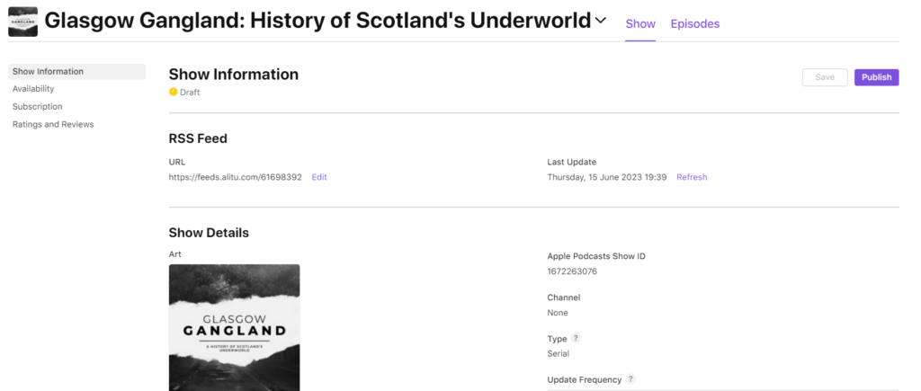 a draft podcast in apple podcasts, ready to be published