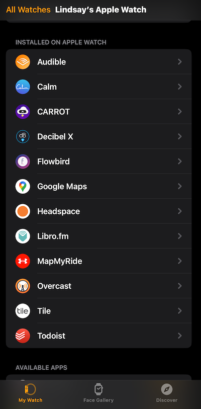 In the Apple Watch app, pick the listening app you want to use, then make sure the slider is green so the app will display on your Apple Watch screen. 