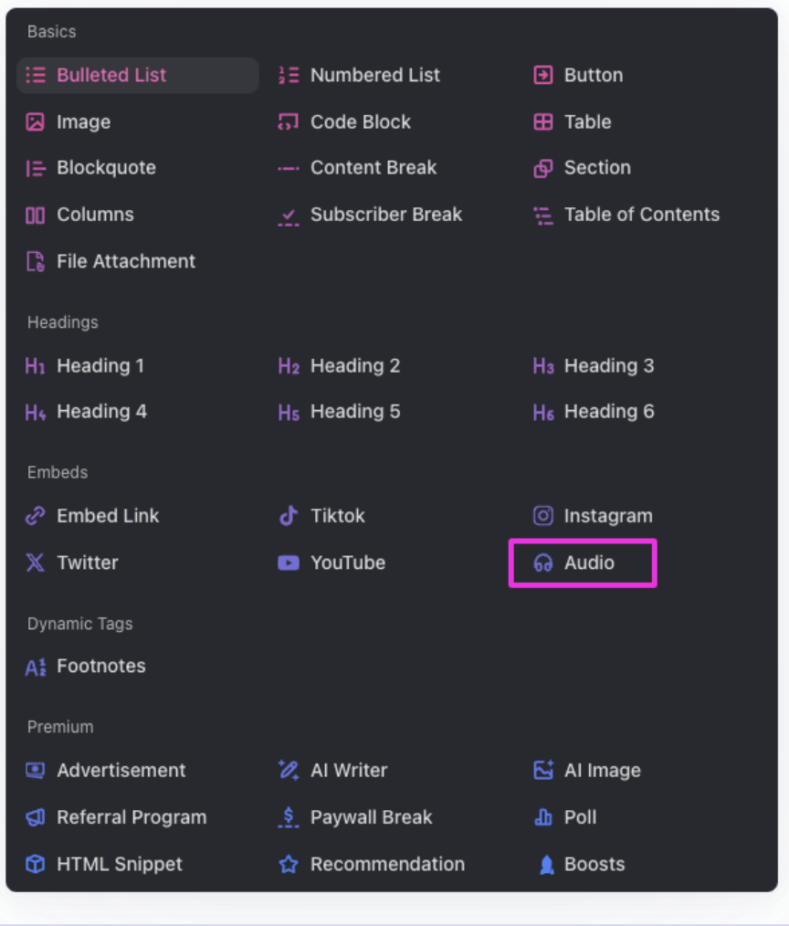 Screenshot of Beehiiv's embeds menu, from Beehiiv's knowledge base. 