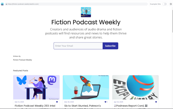 Screenshot of the Fiction Podcast Weekly newsletter's page on Beehiiv. 