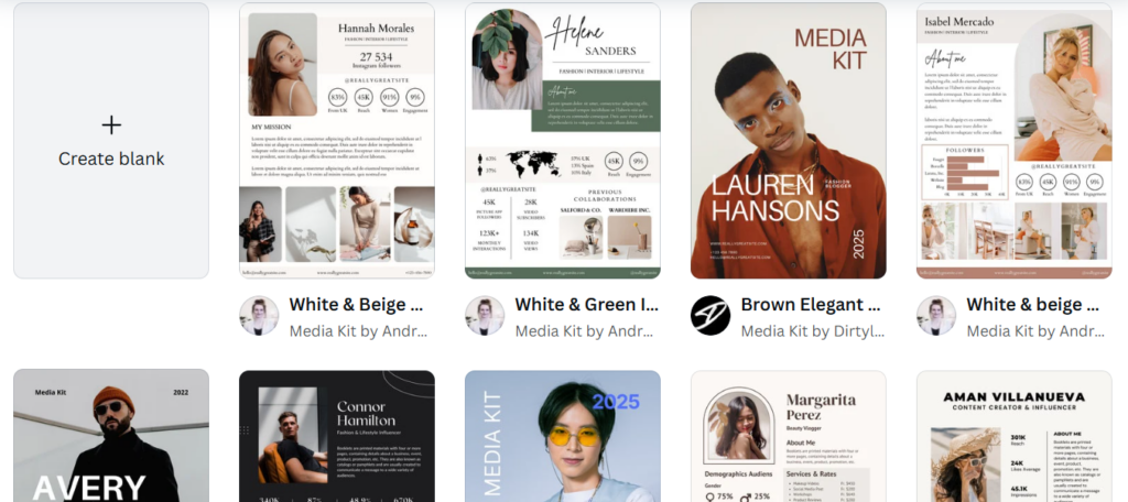 Canva's media kit templates cover a wide variety of options. 