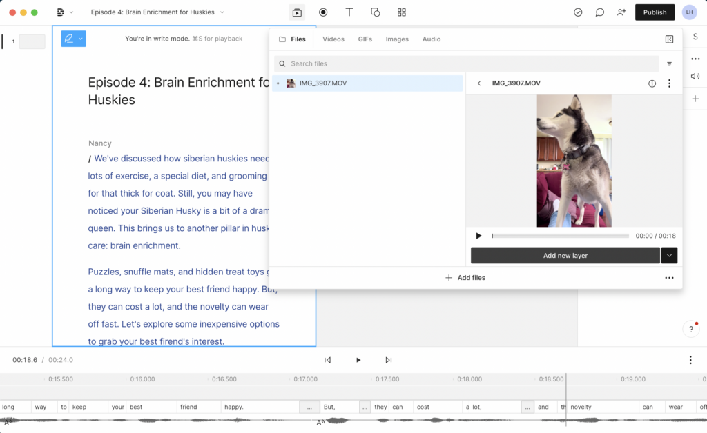 Descript's video editor means that for video-first podcasting, you have to put in the audio first, then add the video for each scene as a layer. 