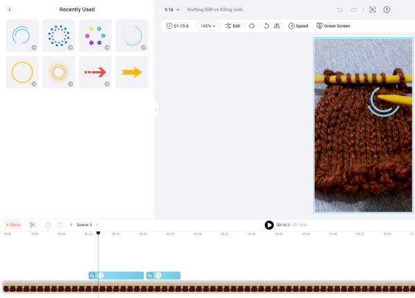 The menu of animated elements is on the left: select one and drag it to the frame on the right. Then, adjust the amount of time that you want the animated element to be present in the time line below. 