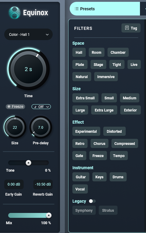 A screenshot showing the filter UI for Equinox