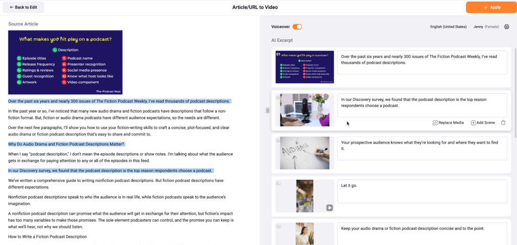 FlexClip can scrape data from the URL of your choice, condense the text into a video script, and add images from the web page and FlexClip's video library, to make a brief video in seconds.Hopefully, in the future, FlexClip will automate adding citations for the information in the URL. 