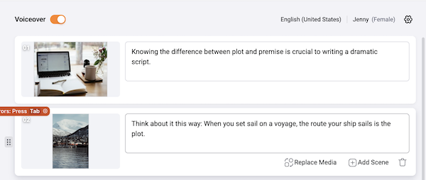 FlexClip's AI Video Script Generator's scene editing interface appears when you slide your mouse cursor over the scene you'd like to change. 
