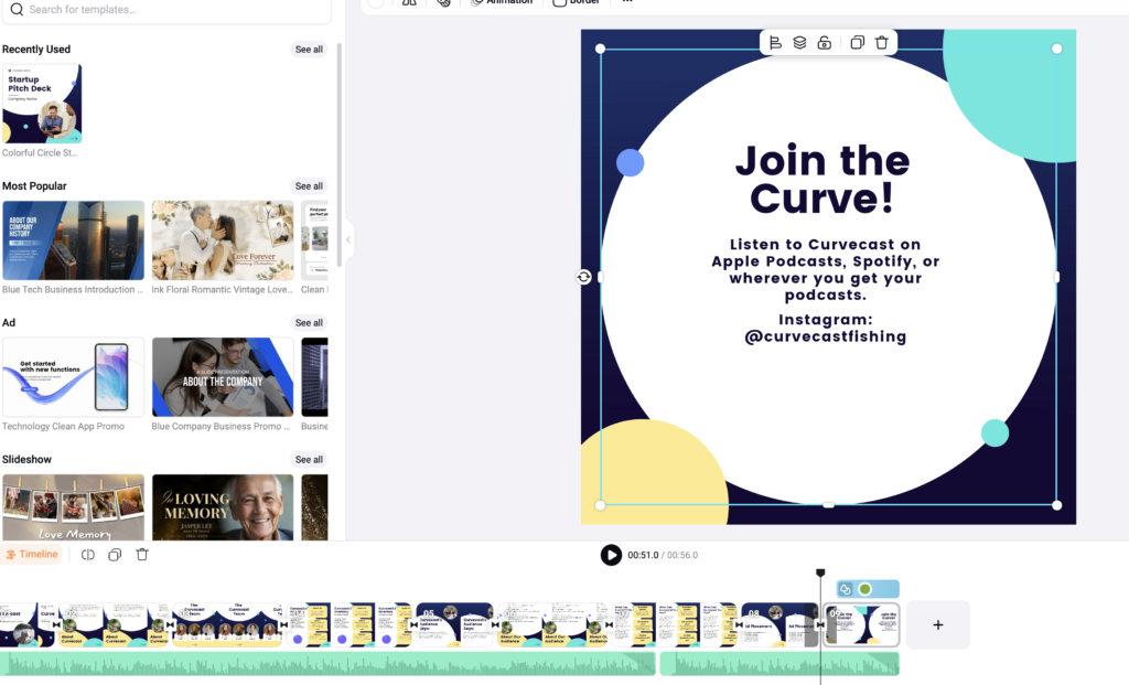 Screenshot of the user interface for FlexClip. At the bottom is the timeline, showing segments and an audio waveform. To the left are the menus of templates and assets such as fonts and images.