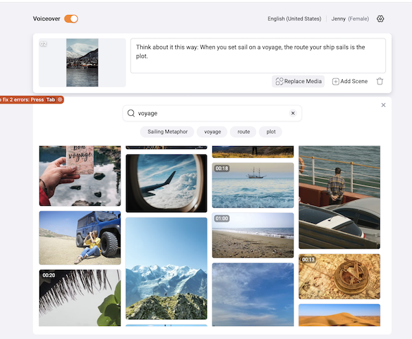 FlexClip's AI Video Script Generator searches for scenes based on the generated text, but you can enter your own search terms as well. 