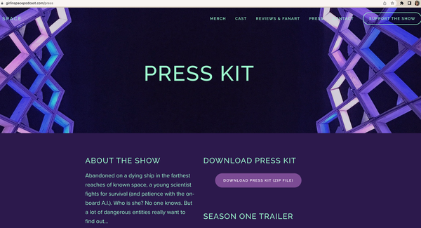Girl in Space's press kit page echoes their podcast media kit fact sheet. It has a link to a downloadable zip file right up top.