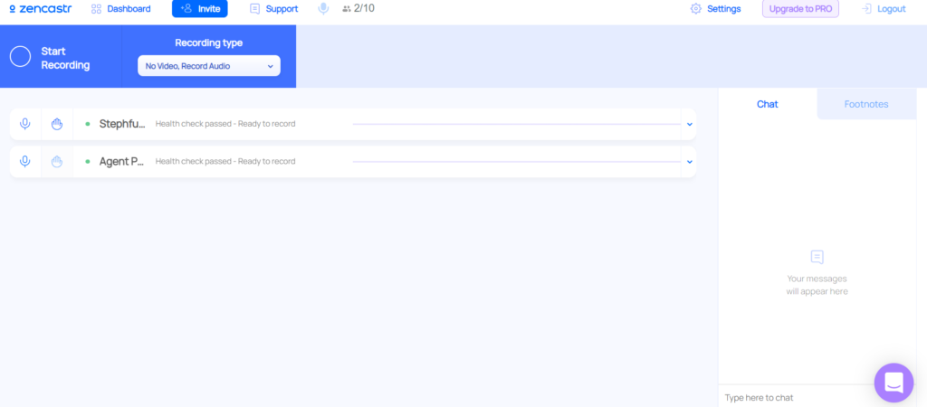 Zencaster recording screen showing the two test participant's tracks.