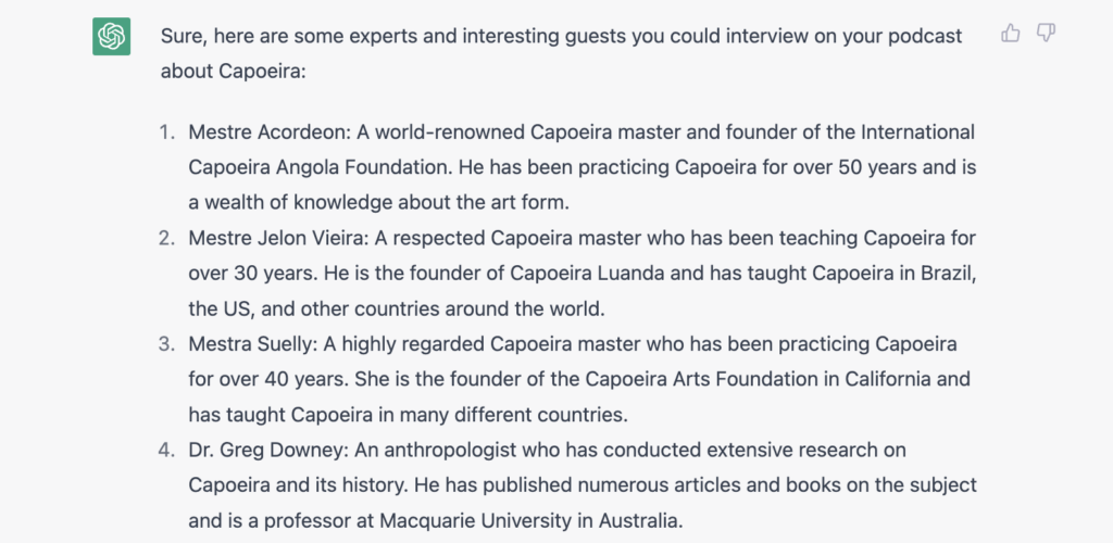 ChatGPT prompt result for podcast interview guests