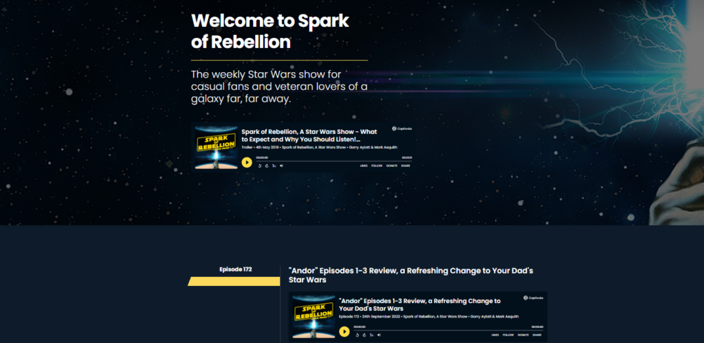 A Captivate podcast website in action, showing the header and standard player