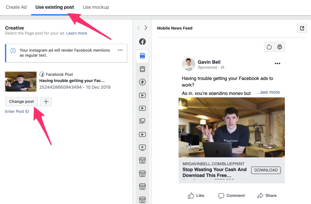 Facebook ads: Use existing post