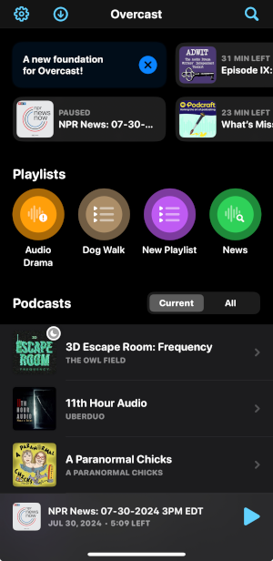 Overcast's new UX consolidates more information on the home screen, making navigation more direct.