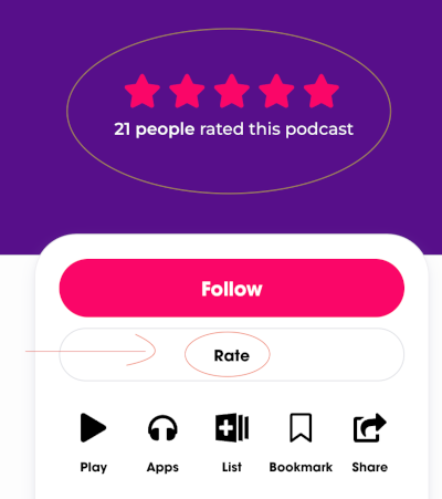 How to Review a Podcast on Podchaser: Start by clicking on the stars or the word "Rate." The review interface follows.