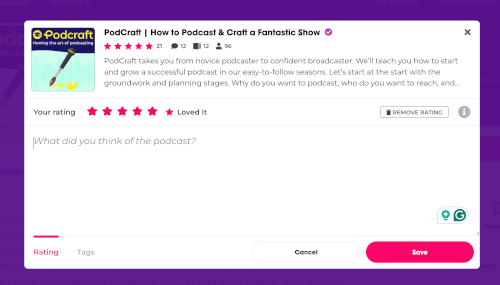 How to review a Podcast on Podchaser: the interface.