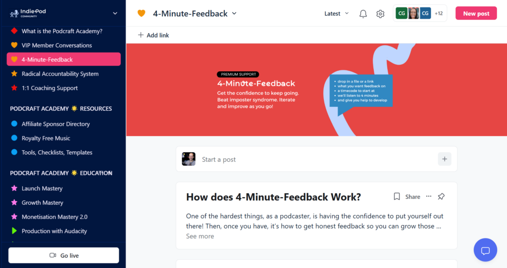 The Podcraft Academy, screenshot of the 4-minute feedback feature