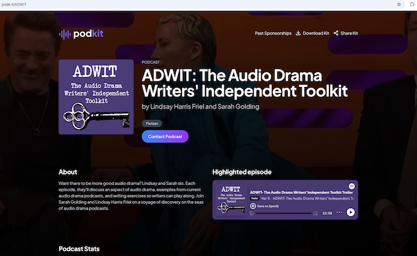 Screenshot of Podkit's automatically generated media kit for ADWIT. The system asked for a featured you tube video so I gave them the URL to a clip from the Graham Norton Show.