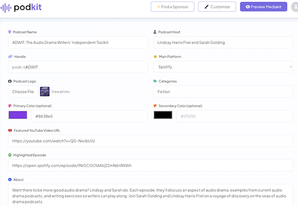 Podkit's user interface. Fill out this form to make a media kit.