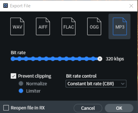 UI of the RX export window