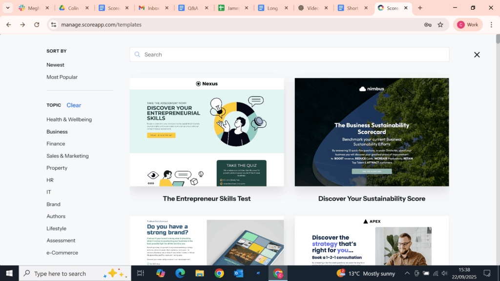 ScoreApp's user interface where you can select templates. The filtering options in the menu on the left help you narrow down the choices. 
