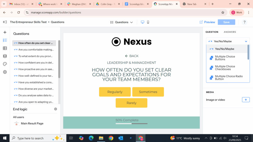 ScoreApp's user interface includes questions in the left-hand bar, in case you don't know what to ask. On the right are answer formats, such as multiple choice or yes/no/maybe. 