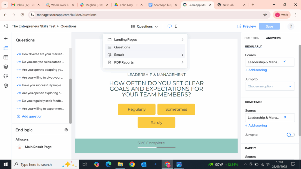 ScoreApp's user interface has answers and scoring management on the right side of the screen. 

