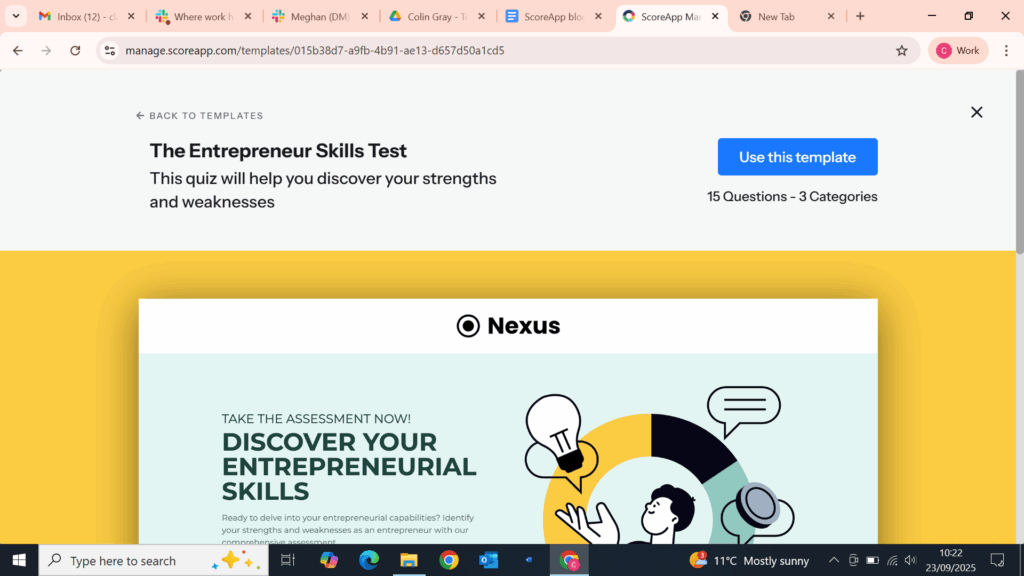 ScoreApp user interface with Use This Template in the top right corner of the screen. 