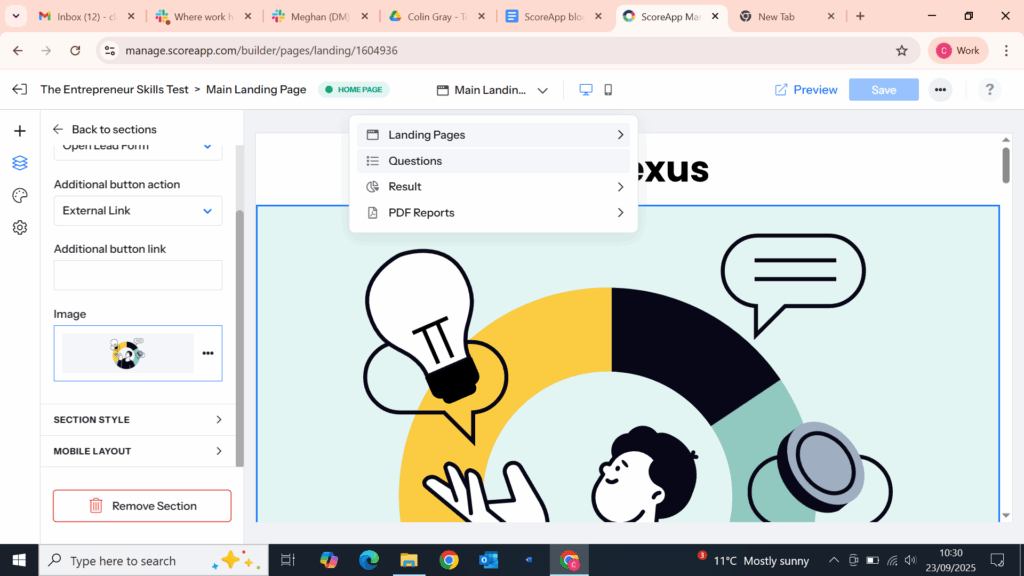 ScoreApp's user interface to customize your Scorecard. 