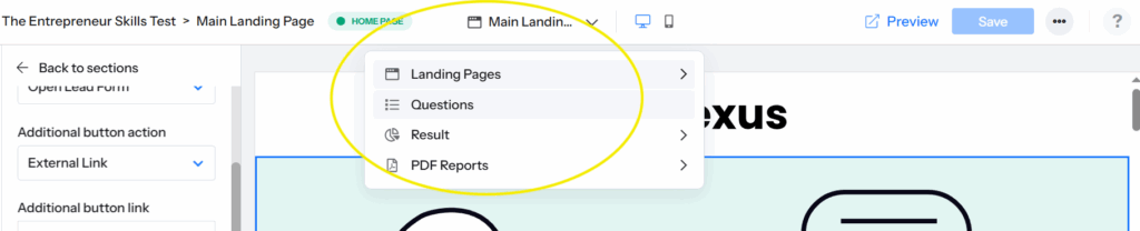 ScoreApp's drop-down menu to select which part of the Scorecard to customise is located at the top center of the user interface window. 