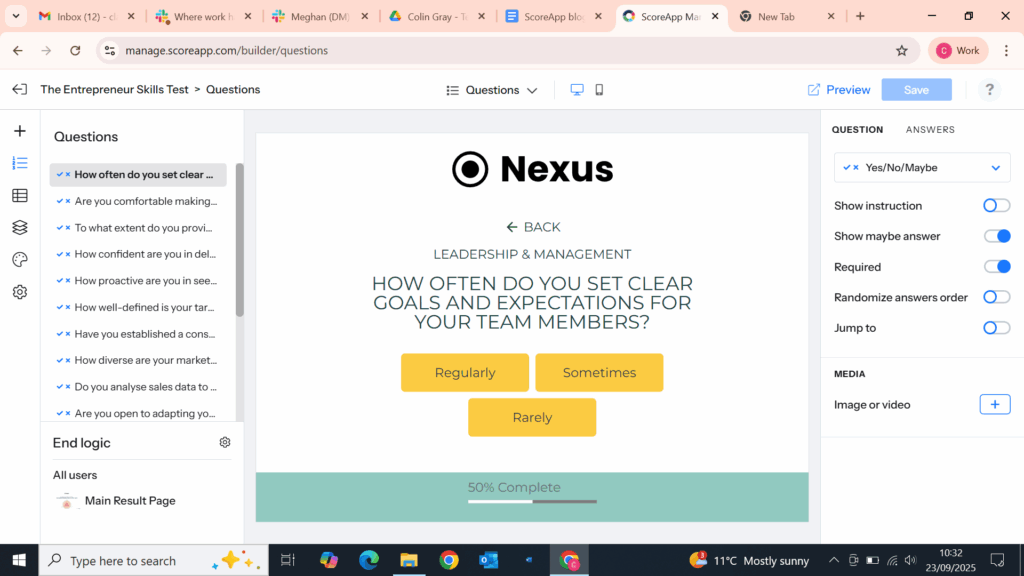 ScoreApp's user interface for editing questions in your Scorecard quiz. 
