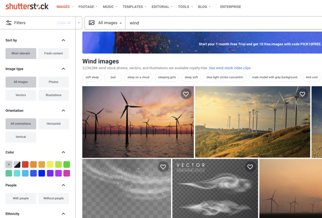 Shutterstock interface with search filters